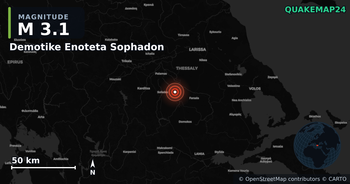 M3.1 earthquake near Demotike Enoteta Sophadon on Aug 26, 2025 — map of epicenter and shaking intensity | QuakeMap24