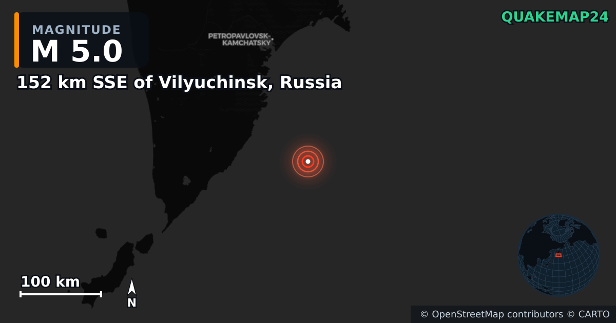 M5.0 earthquake near 152 km SSE of Vilyuchinsk, Russia on Sep 16, 2025 — map of epicenter and shaking intensity | QuakeMap24