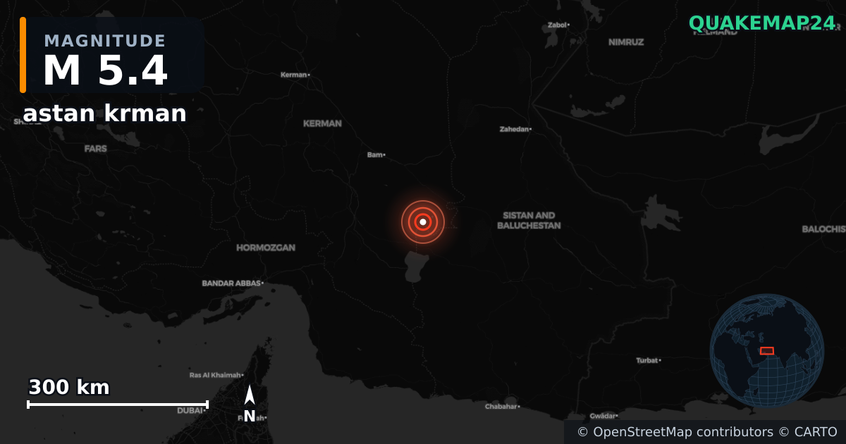M5.4 earthquake near astan krman on Aug 5, 2025 — map of epicenter and shaking intensity | QuakeMap24