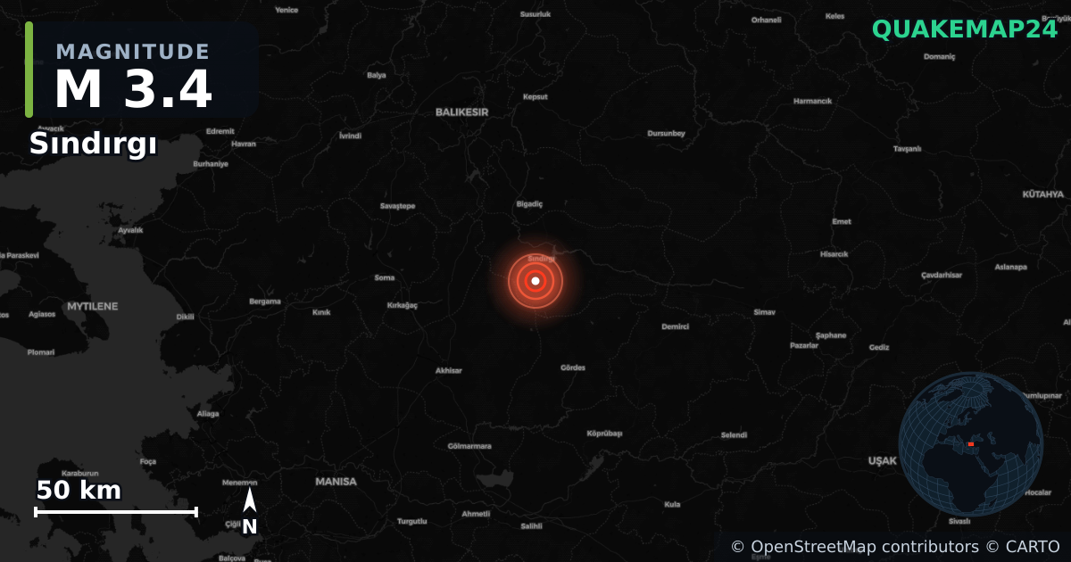 M3.4 earthquake near Sındırgı on Sep 7, 2025 — map of epicenter and shaking intensity | QuakeMap24