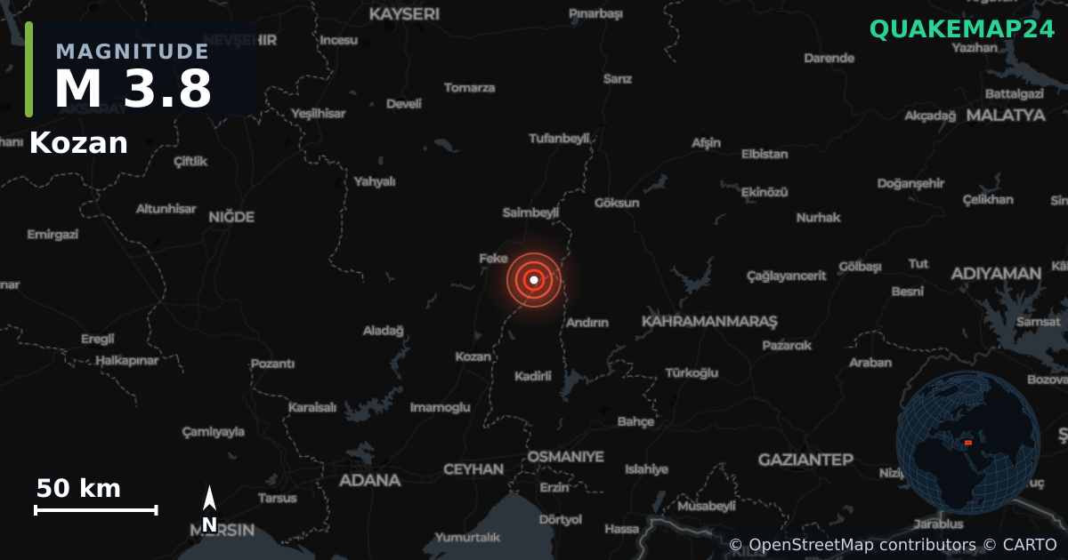 Erdbeben M3,8 bei Kozan, Adana (Türkei) · 2026-10-31 — Karte der Lage des Epizentrums