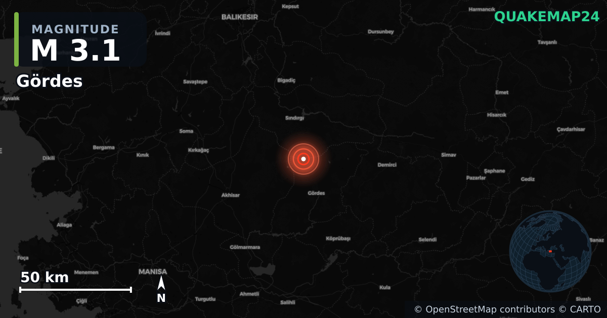 M3.1 earthquake near Gördes on Aug 13, 2025 — map of epicenter and shaking intensity | QuakeMap24