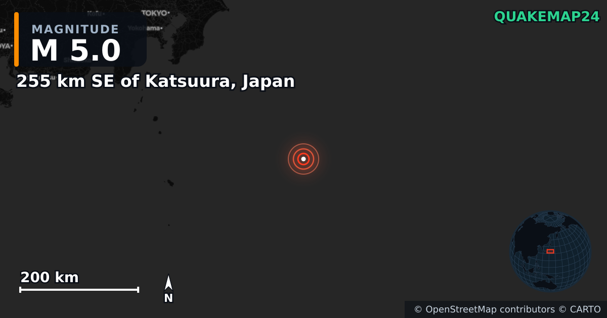 Terremoto de M5,0 cerca de 255 km SE of Katsuura, Japan — Mapa de la ubicación del epicentro