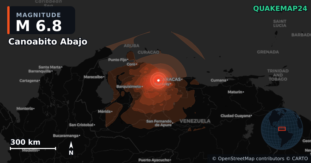 M6.8 earthquake near Canoabito Abajo on Jun 24, 2026 — map of epicenter and shaking intensity | QuakeMap24