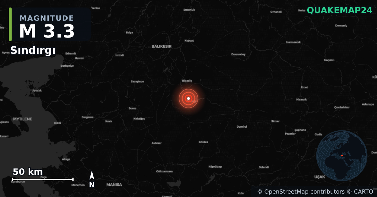 M3.3 earthquake near Sındırgı on Aug 18, 2025 — map of epicenter and shaking intensity | QuakeMap24
