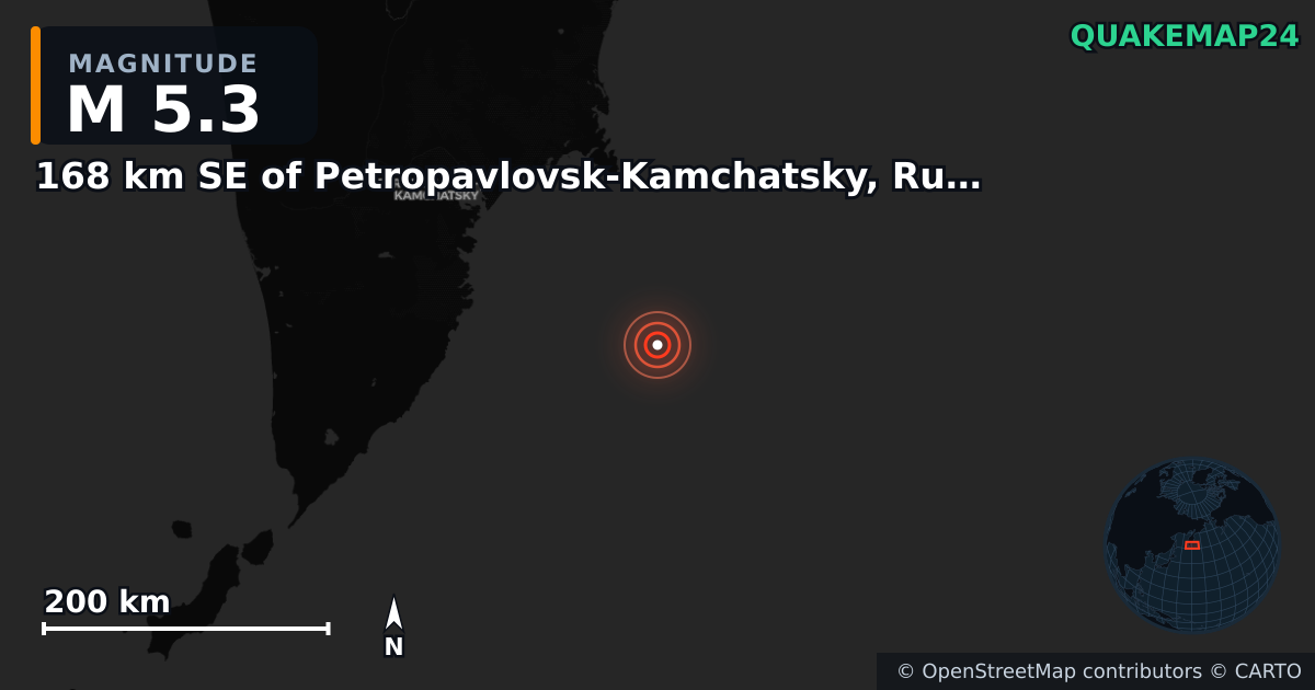 M5.3 earthquake near 168 km SE of Petropavlovsk-Kamchatsky, Russia on Jul 31, 2025 — map of epicenter and shaking intensity | QuakeMap24