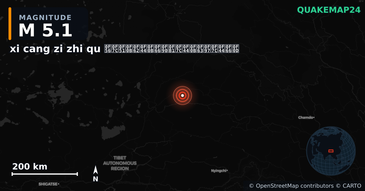 M5.1 earthquake near xi cang zi zhi qu བོད་རང་སྐྱོང་ལྗོངས། on Dec 2, 2025 — map of epicenter and shaking intensity | QuakeMap24