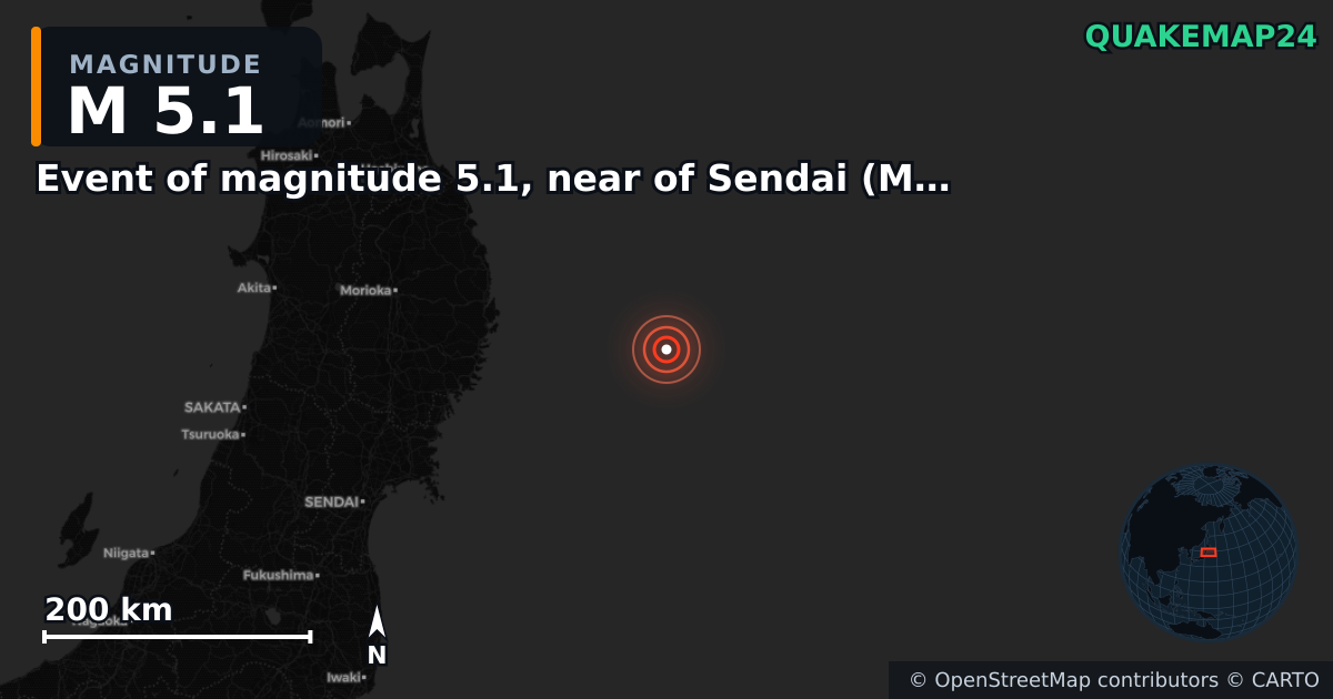 M5.1 earthquake near Event of magnitude 5.1, near of Sendai (Monde) on Nov 9, 2025 — map of epicenter and shaking intensity | QuakeMap24