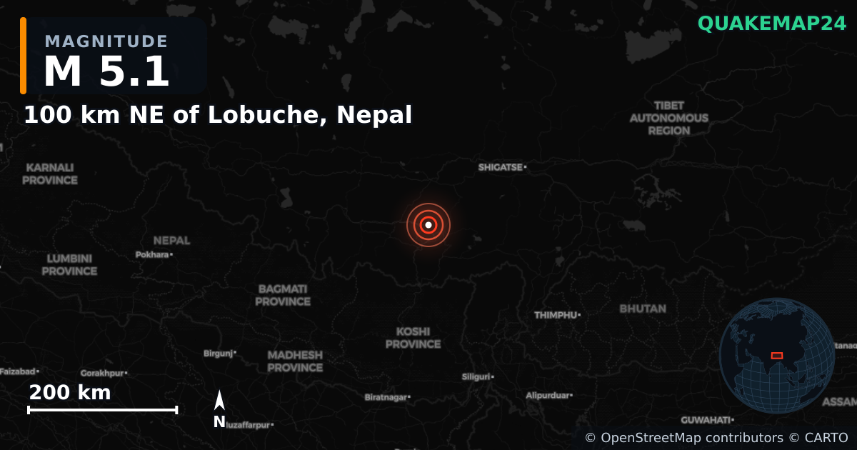 M5.1 earthquake near 100 km NE of Lobuche, Nepal on Mar 8, 2025 — map of epicenter and shaking intensity | QuakeMap24