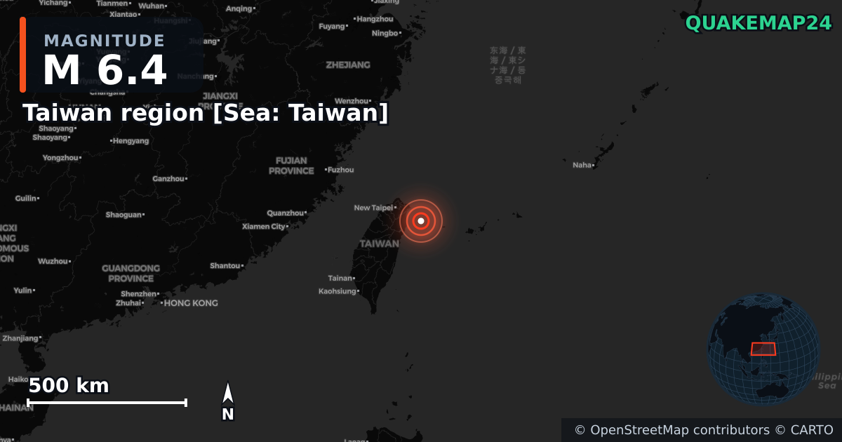 M6.4 earthquake near Taiwan region [Sea: Taiwan] on Dec 27, 2025 — map of epicenter and shaking intensity | QuakeMap24