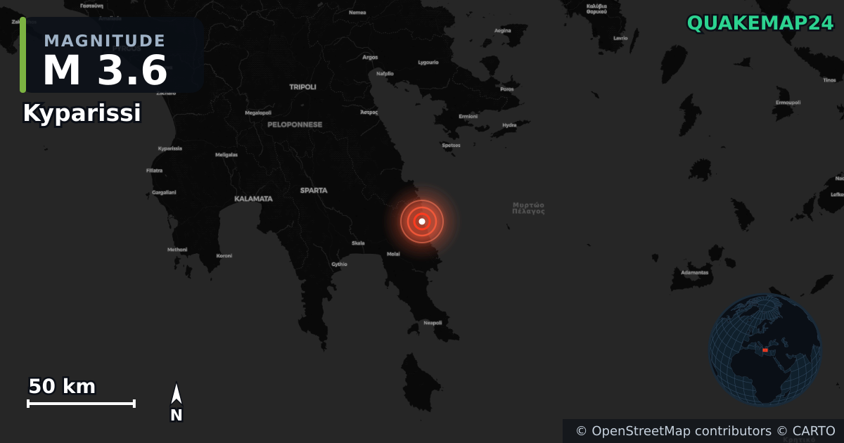 M3.6 earthquake near Kyparissi on May 11, 2026 — map of epicenter and shaking intensity | QuakeMap24