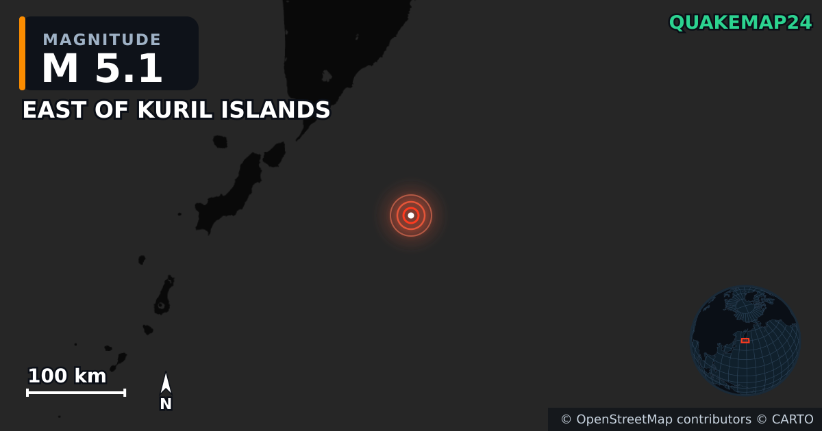 M5.1 earthquake near EAST OF KURIL ISLANDS on Jul 30, 2025 — map of epicenter and shaking intensity | QuakeMap24
