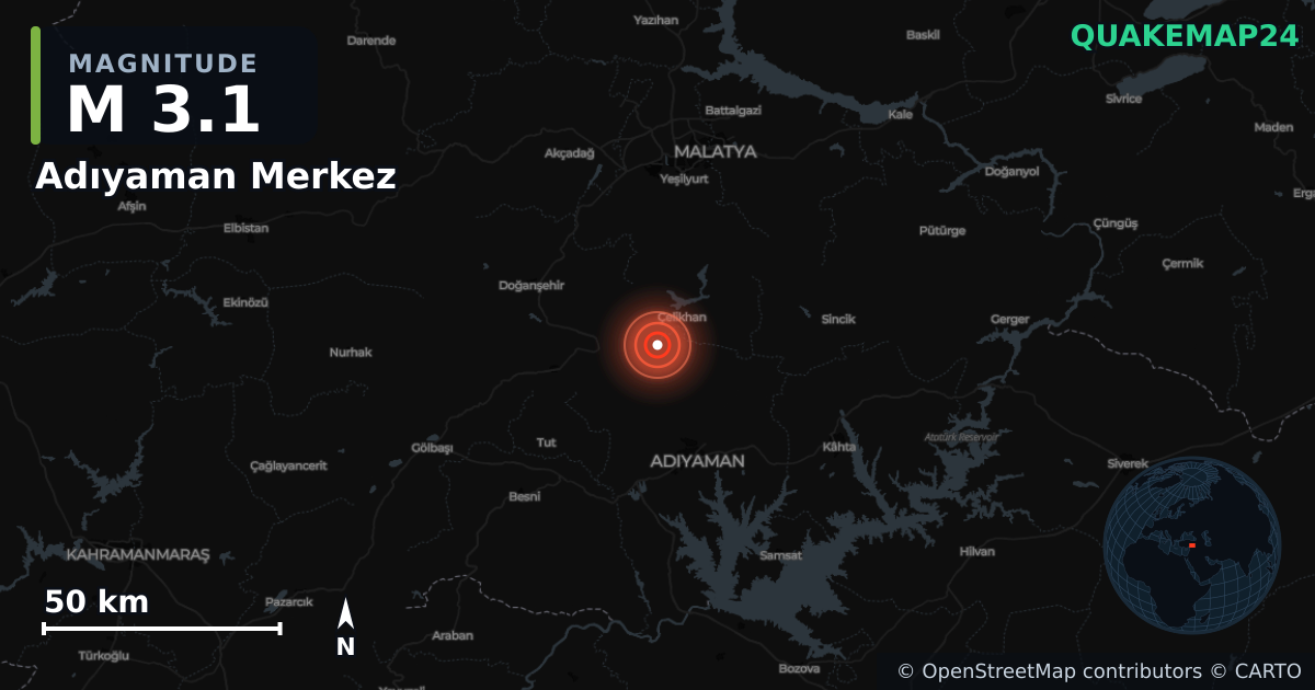 Terremoto de M3,1 cerca de Adıyaman Merkez (Turquía) · 2025-12-22 — Mapa de la ubicación del epicentro