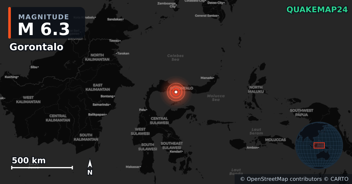 M6.3 earthquake near Gorontalo on Jul 23, 2025 — map of epicenter and shaking intensity | QuakeMap24
