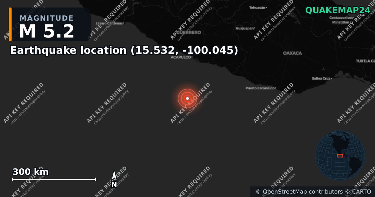 M5.2 earthquake near Earthquake location (15.532, -100.045) on Jan 20, 2026 — map of epicenter and shaking intensity | QuakeMap24