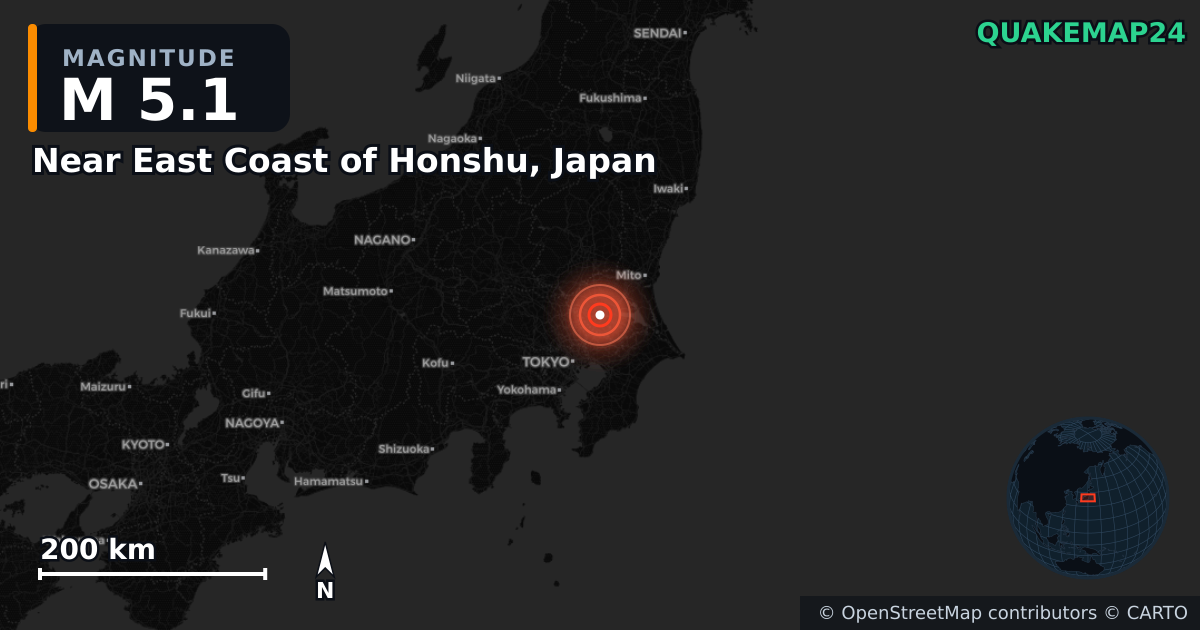 M5.1 earthquake near Near East Coast of Honshu, Japan on Apr 1, 2026 — map of epicenter and shaking intensity | QuakeMap24