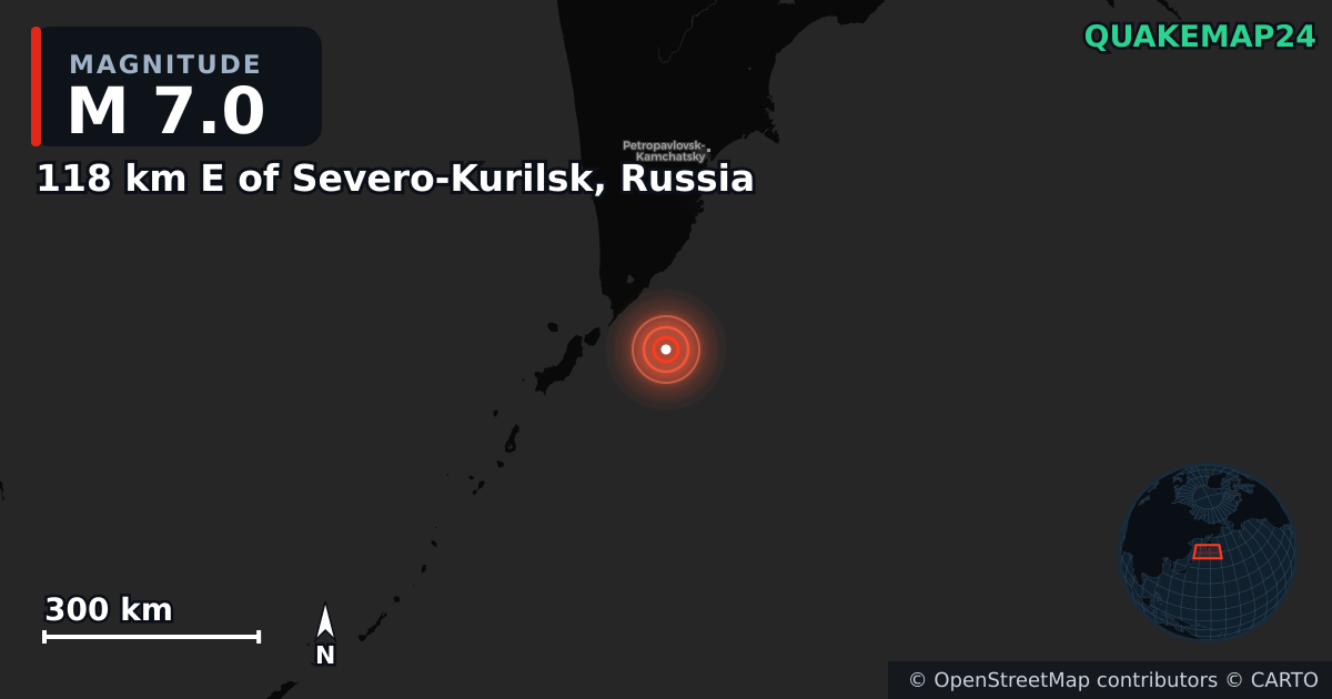M7.0 earthquake near 118 km E of Severo-Kurilsk, Russia on Aug 3, 2025 — map of epicenter and shaking intensity | QuakeMap24