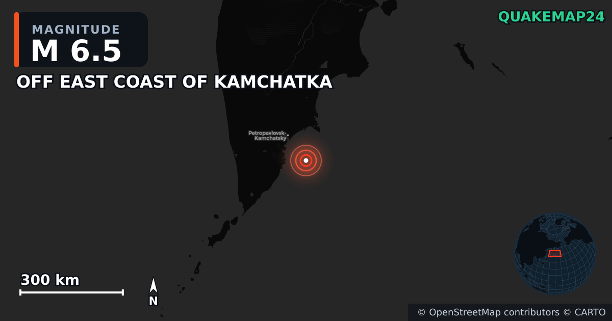 M6.5 earthquake near OFF EAST COAST OF KAMCHATKA on Jul 30, 2025 — map of epicenter and shaking intensity | QuakeMap24