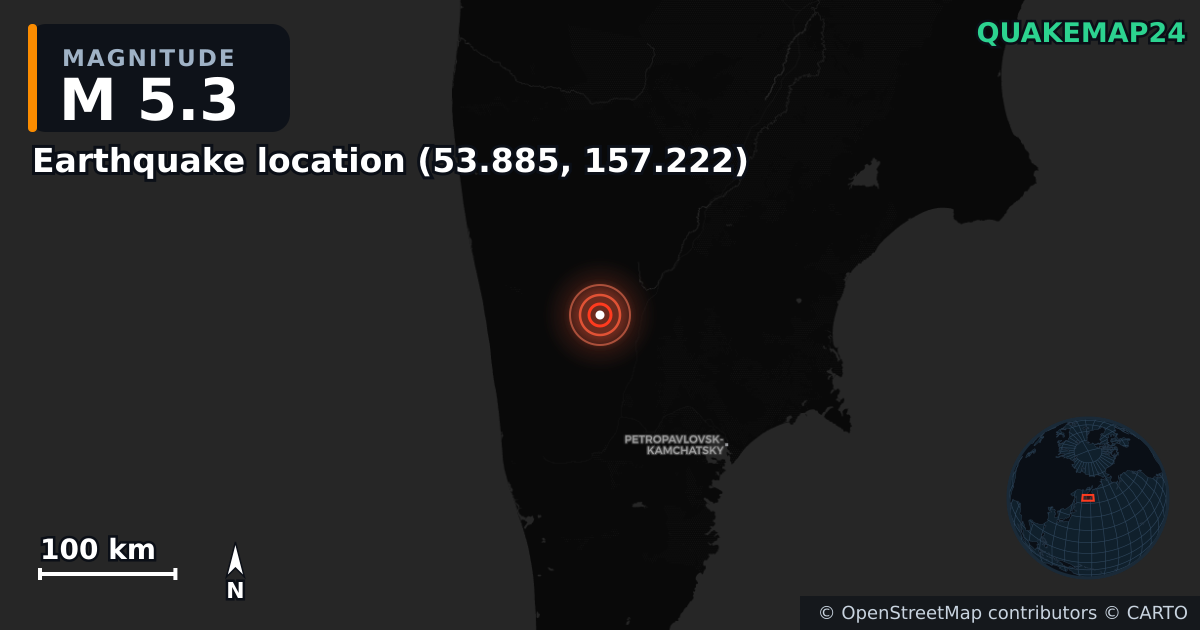 M5.3 earthquake near Deprem konumu (53.885, 157.222) on Sep 19, 2025 — map of epicenter and shaking intensity | QuakeMap24