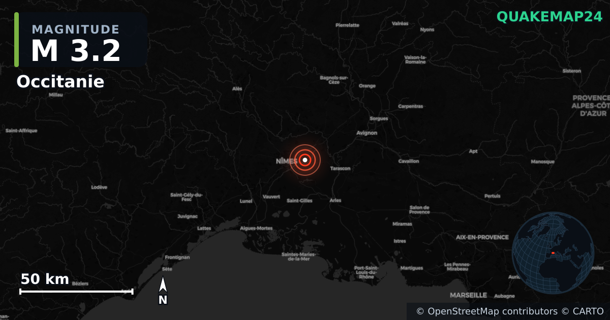 M3.2 earthquake near Occitanie on Dec 13, 2025 — map of epicenter and shaking intensity | QuakeMap24