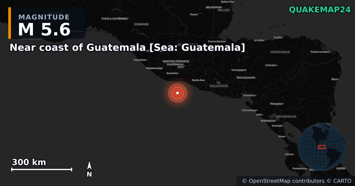 Erdbeben M5,6 bei Near coast of Guatemala [Sea: Guatemala] · 2025-08-17 — Karte der Lage des Epizentrums
