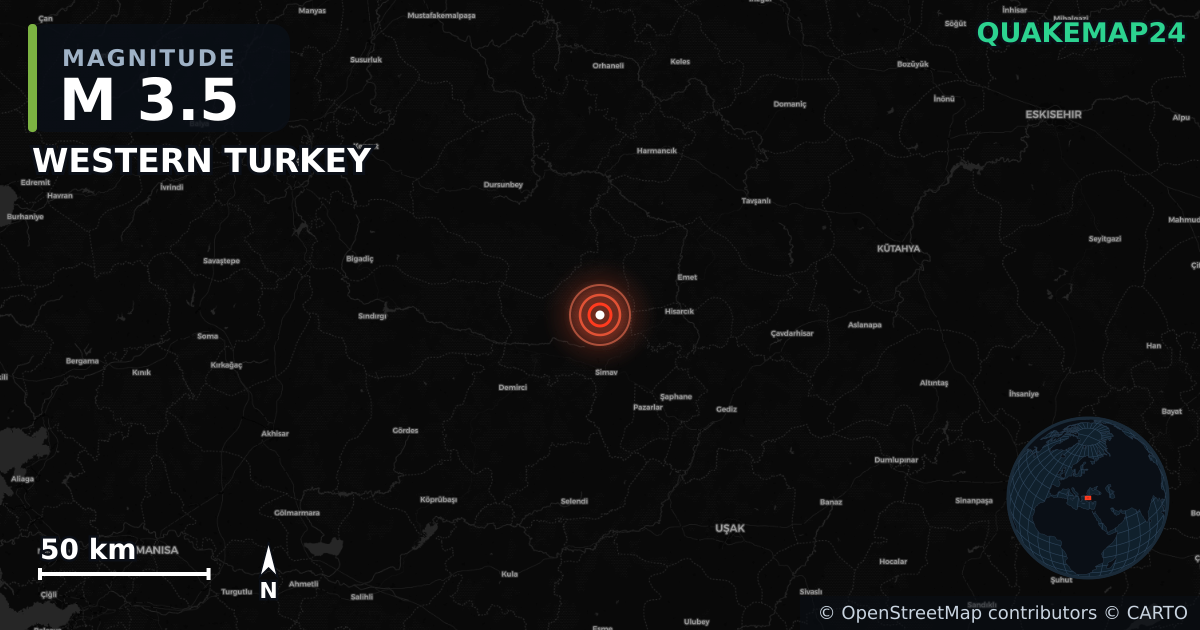 M3.5 earthquake near WESTERN TURKEY on Apr 5, 2026 — map of epicenter and shaking intensity | QuakeMap24