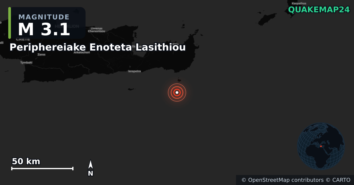 M3.1 earthquake near Periphereiake Enoteta Lasithiou on May 6, 2026 — map of epicenter and shaking intensity | QuakeMap24