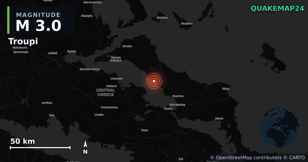 M3.0 earthquake near Troupi on Jun 20, 2026 — map of epicenter and shaking intensity | QuakeMap24