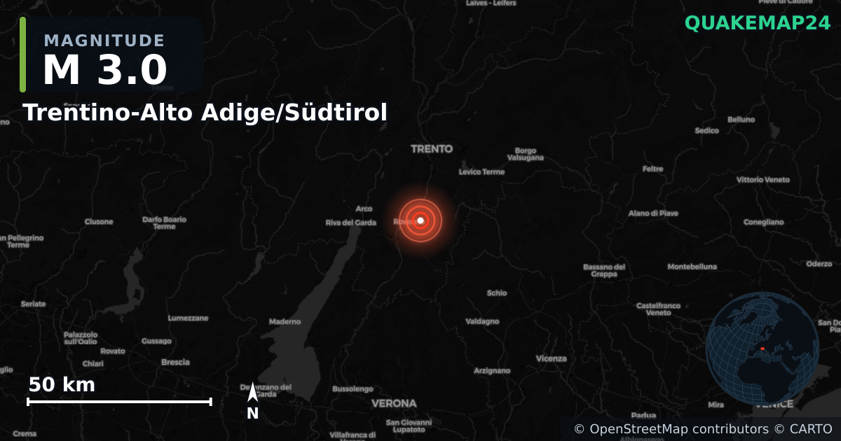 M3.0 earthquake near Trentino-Alto Adige/Südtirol on May 20, 2025 — map of epicenter and shaking intensity | QuakeMap24