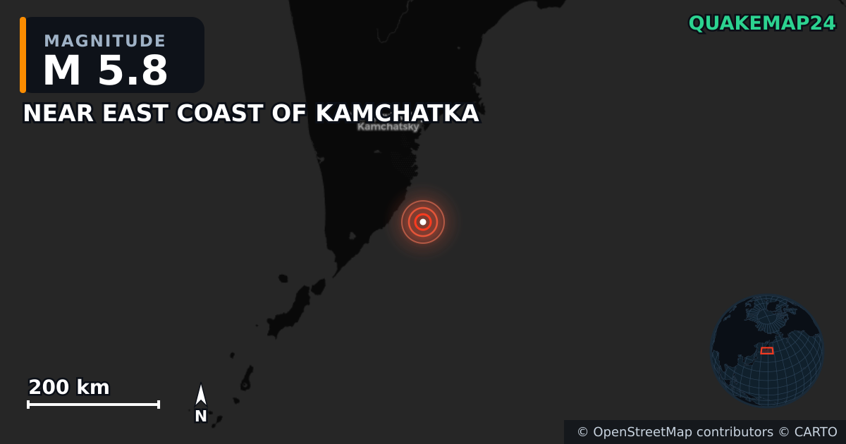M5.8 earthquake near NEAR EAST COAST OF KAMCHATKA on Jul 30, 2025 — map of epicenter and shaking intensity | QuakeMap24