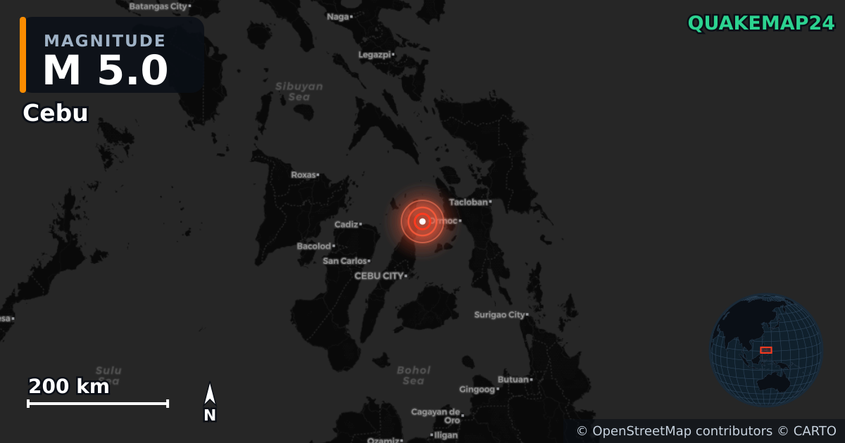 M5.0 earthquake near Cebu on Sep 30, 2025 — map of epicenter and shaking intensity | QuakeMap24