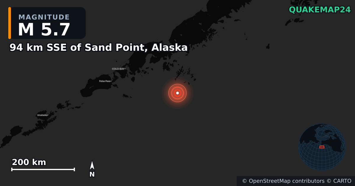 M5.7 earthquake near 94 km SSE of Sand Point, Alaska on Jul 17, 2025 — map of epicenter and shaking intensity | QuakeMap24