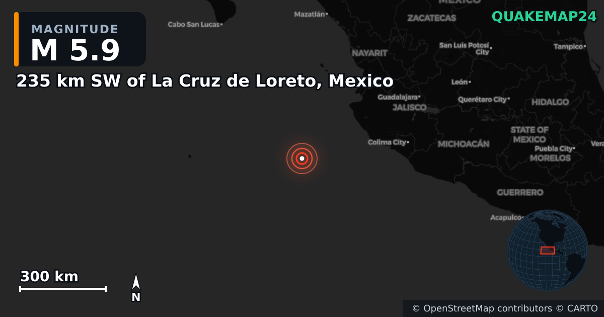 Erdbeben M5,9 bei 235 km SW of La Cruz de Loreto, Mexico · 2025-05-13 — Karte der Lage des Epizentrums
