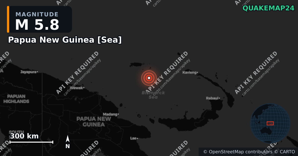 M5.8 earthquake near Papua New Guinea [Sea] on May 8, 2026 — map of epicenter and shaking intensity | QuakeMap24