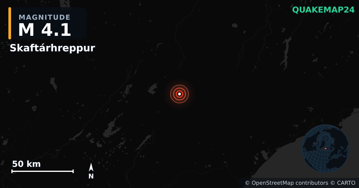 M4.1 earthquake near Skaftárhreppur on Jun 14, 2026 — map of epicenter and shaking intensity | QuakeMap24