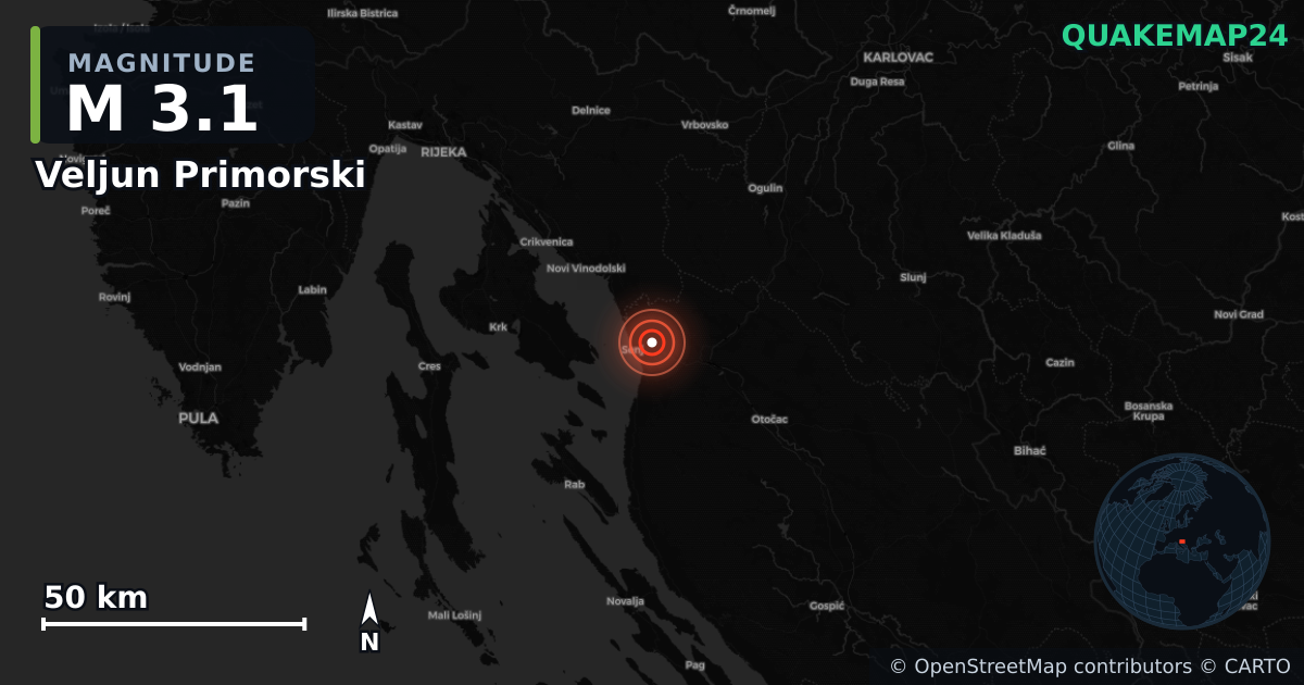 M3.1 earthquake near Veljun Primorski on Oct 20, 2025 — map of epicenter and shaking intensity | QuakeMap24