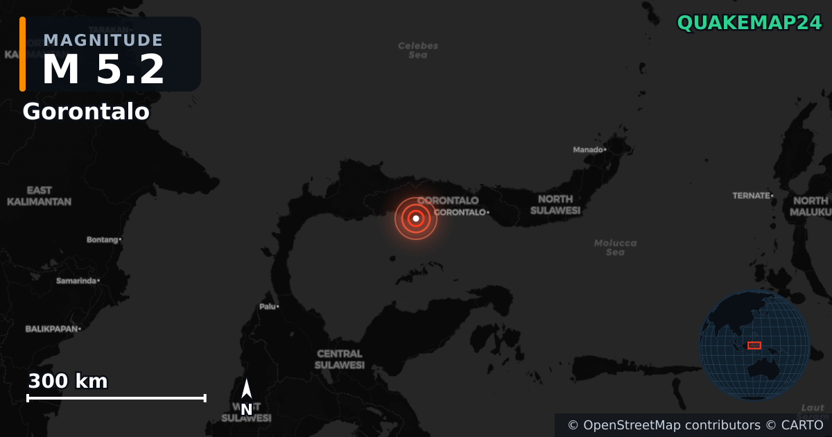 Erdbeben M5,2 bei Minahassa Peninsula, Sulawesi (Indonesien) · 2025-12-20 — Karte der Lage des Epizentrums