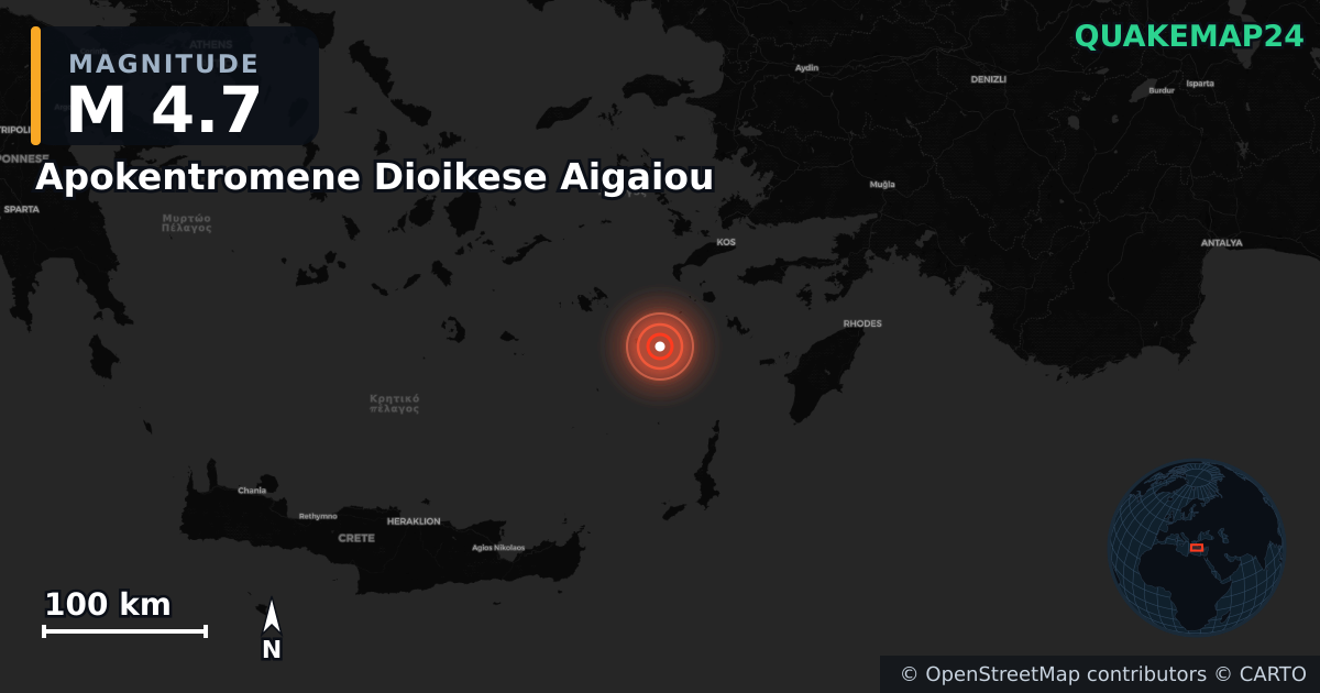 M4.7 earthquake near Apokentromene Dioikese Aigaiou on Aug 13, 2025 — map of epicenter and shaking intensity | QuakeMap24