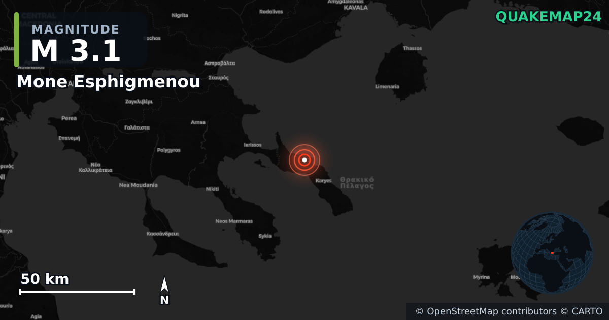 M3.1 earthquake near Mone Esphigmenou on Sep 27, 2025 — map of epicenter and shaking intensity | QuakeMap24