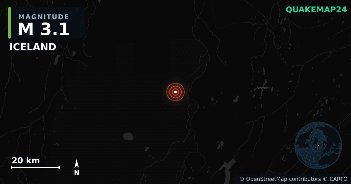 M3.1 earthquake near ICELAND on May 10, 2025 — map of epicenter and shaking intensity | QuakeMap24