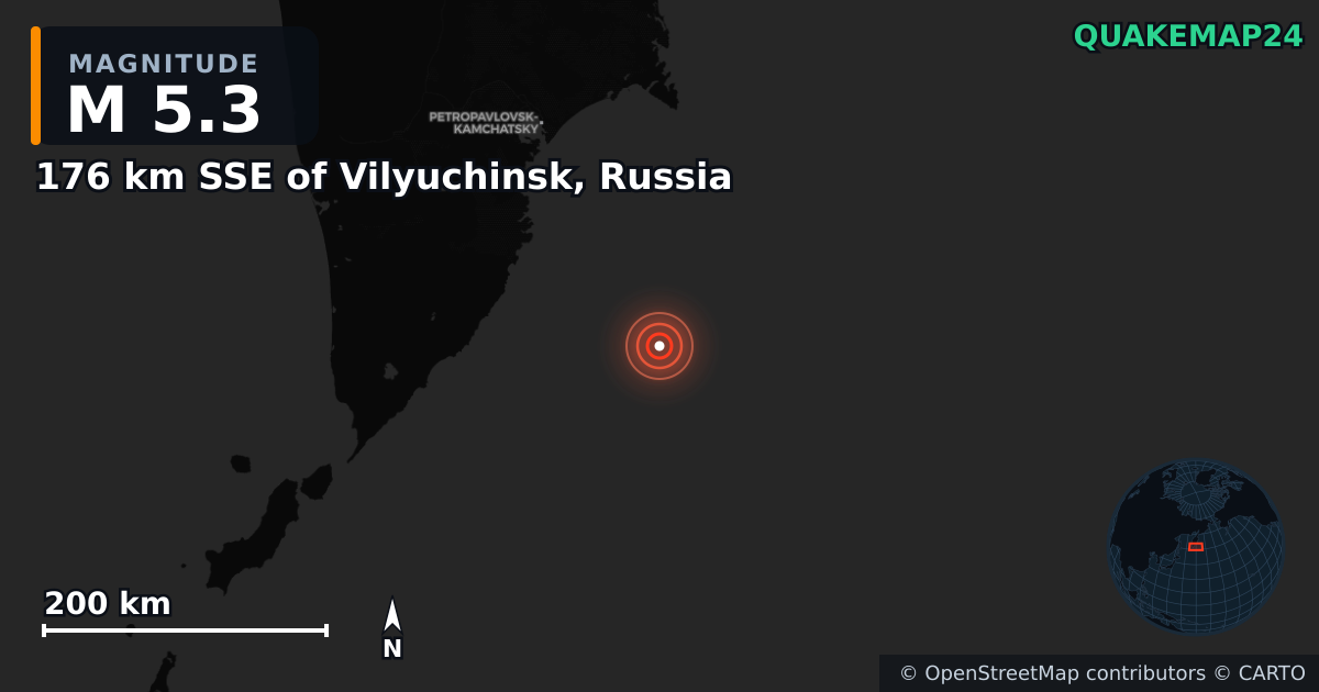 M5.3 earthquake near 176 km SSE of Vilyuchinsk, Russia on Aug 6, 2025 — map of epicenter and shaking intensity | QuakeMap24