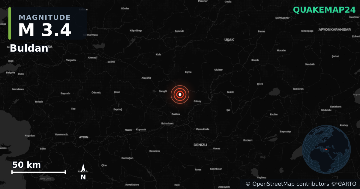 M3.4 earthquake near Buldan on Oct 31, 2025 — map of epicenter and shaking intensity | QuakeMap24