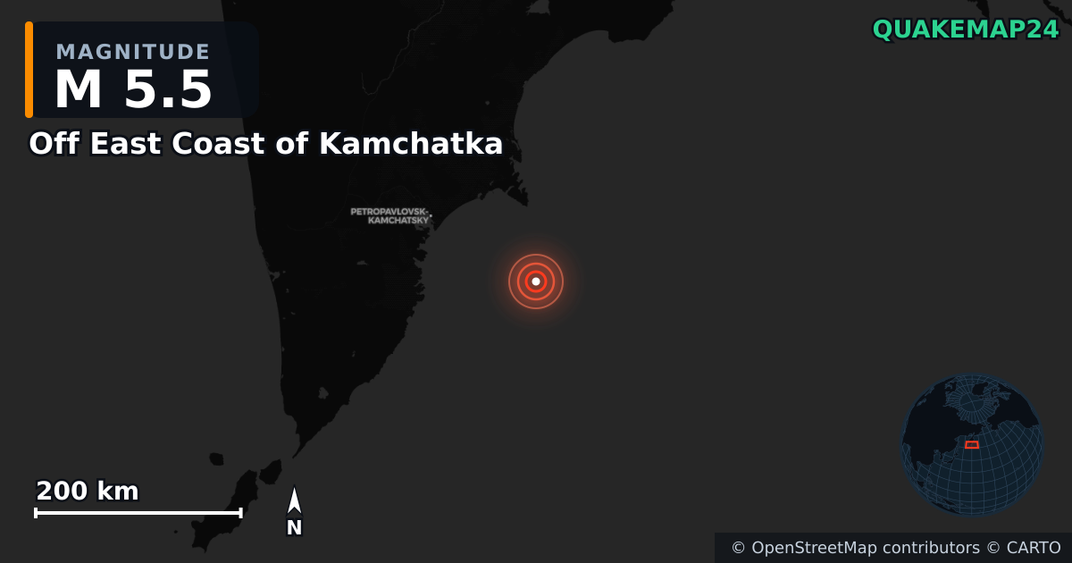M5.5 earthquake near Off East Coast of Kamchatka on Nov 4, 2025 — map of epicenter and shaking intensity | QuakeMap24