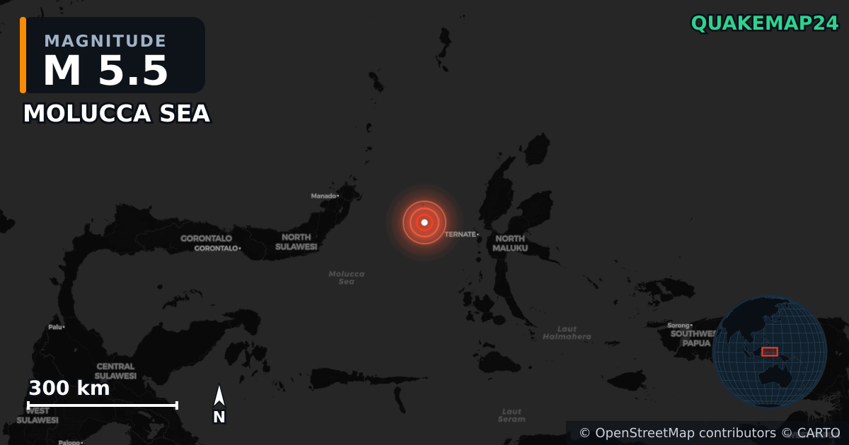 M5.5 earthquake near MOLUCCA SEA on Apr 1, 2026 — map of epicenter and shaking intensity | QuakeMap24