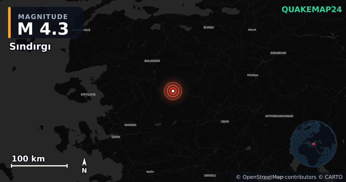 M4.3 earthquake near Sındırgı on Oct 28, 2025 — map of epicenter and shaking intensity | QuakeMap24