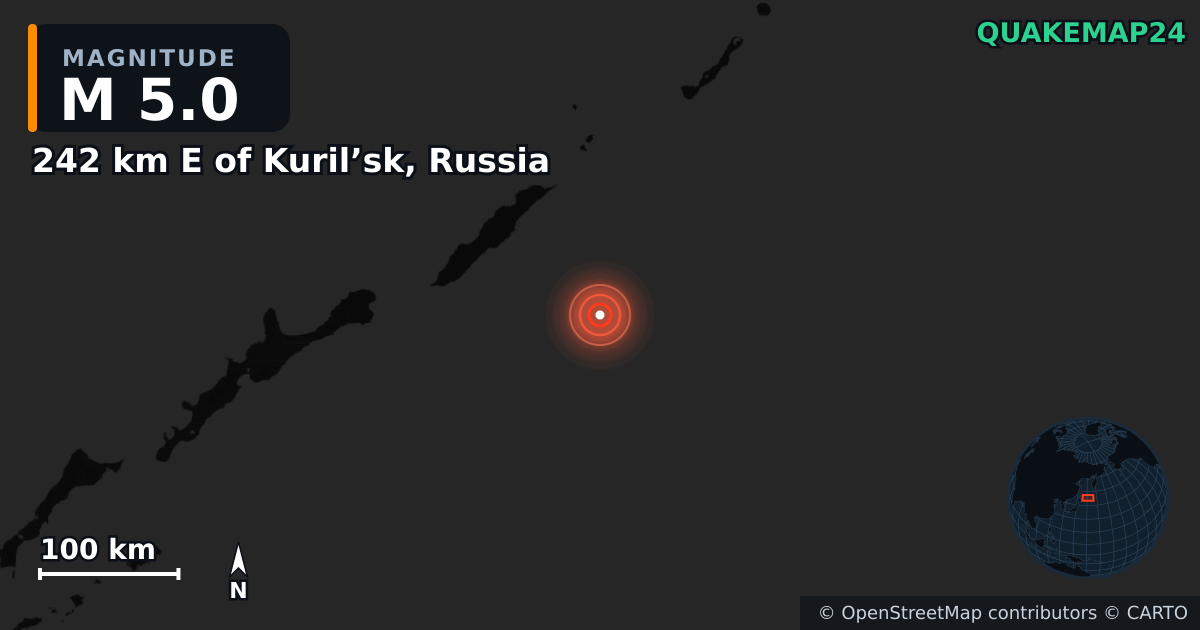 Erdbeben M5,0 bei 242 km E of Kuril’sk, Russia — Karte der Lage des Epizentrums
