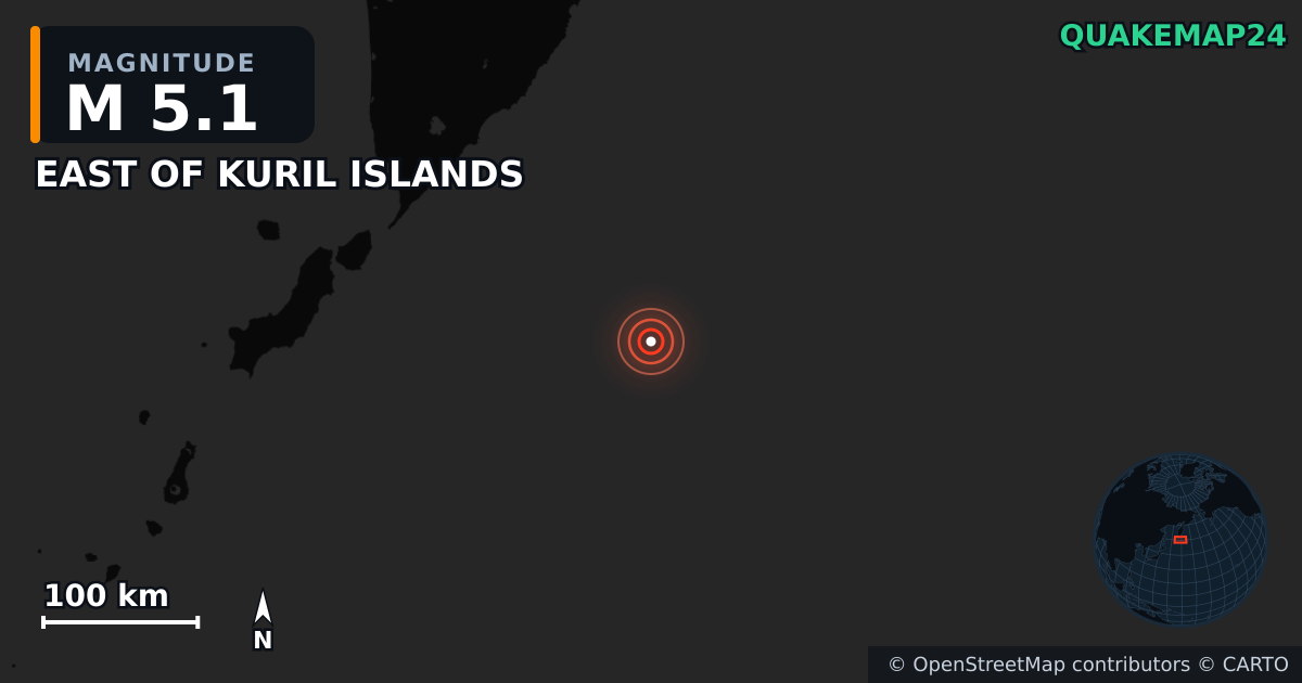 M5.1 earthquake near EAST OF KURIL ISLANDS on Aug 2, 2025 — map of epicenter and shaking intensity | QuakeMap24