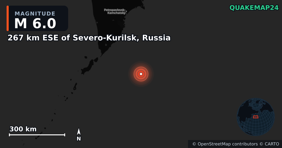 267 km ESE of Severo-Kurilsk, Russia yakınında M6,0 deprem — Deprem merkez üssünün konumunu gösteren harita