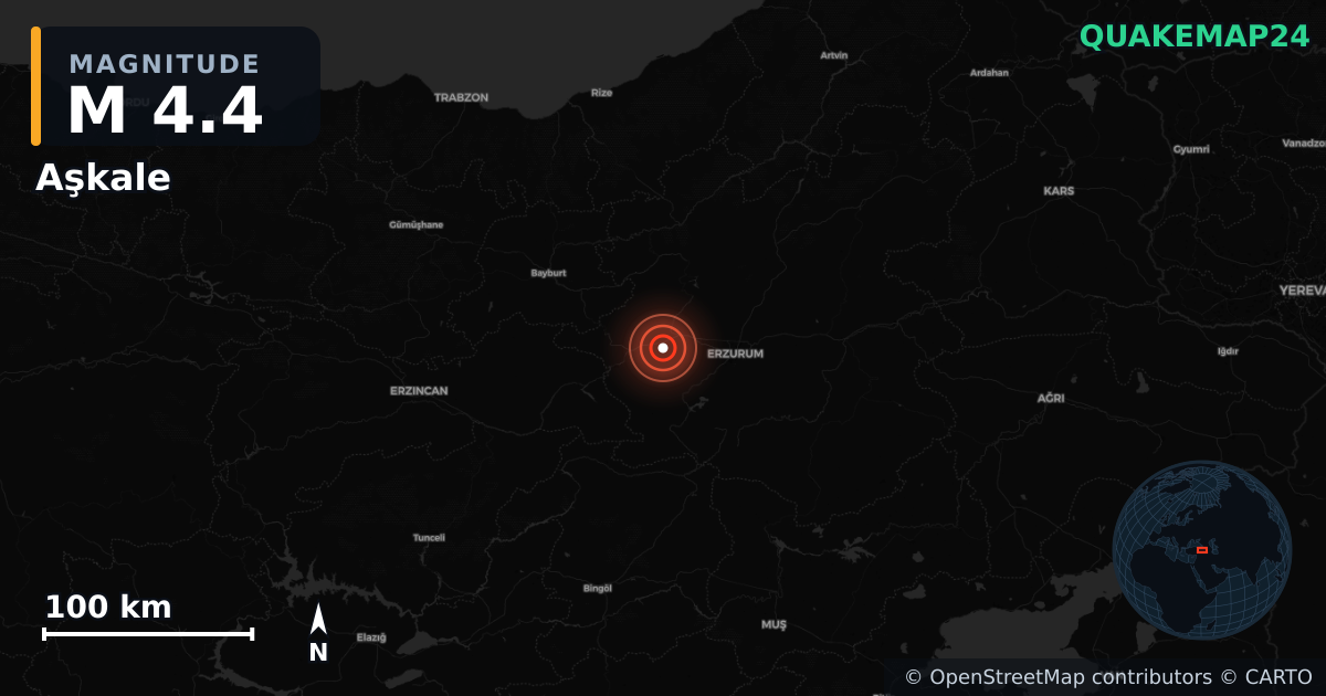 M4.4 earthquake near Aşkale on Sep 25, 2025 — map of epicenter and shaking intensity | QuakeMap24