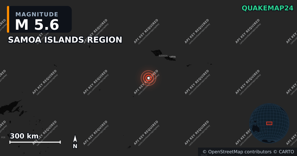 M5.6 earthquake near SAMOA ISLANDS REGION on Feb 10, 2026 — map of epicenter and shaking intensity | QuakeMap24